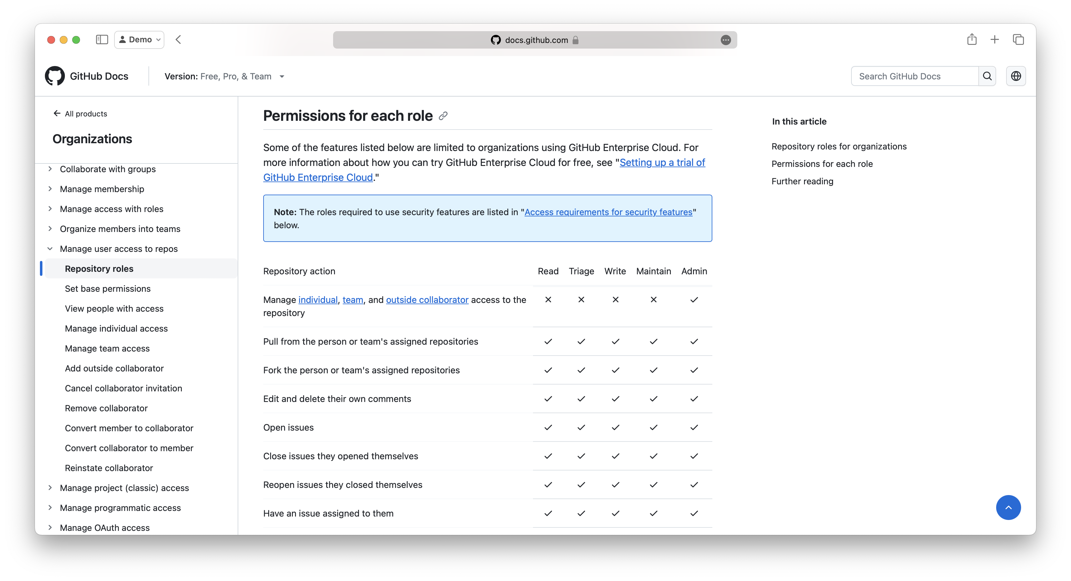 Screenshot of the GitHub Documentation showing available roles