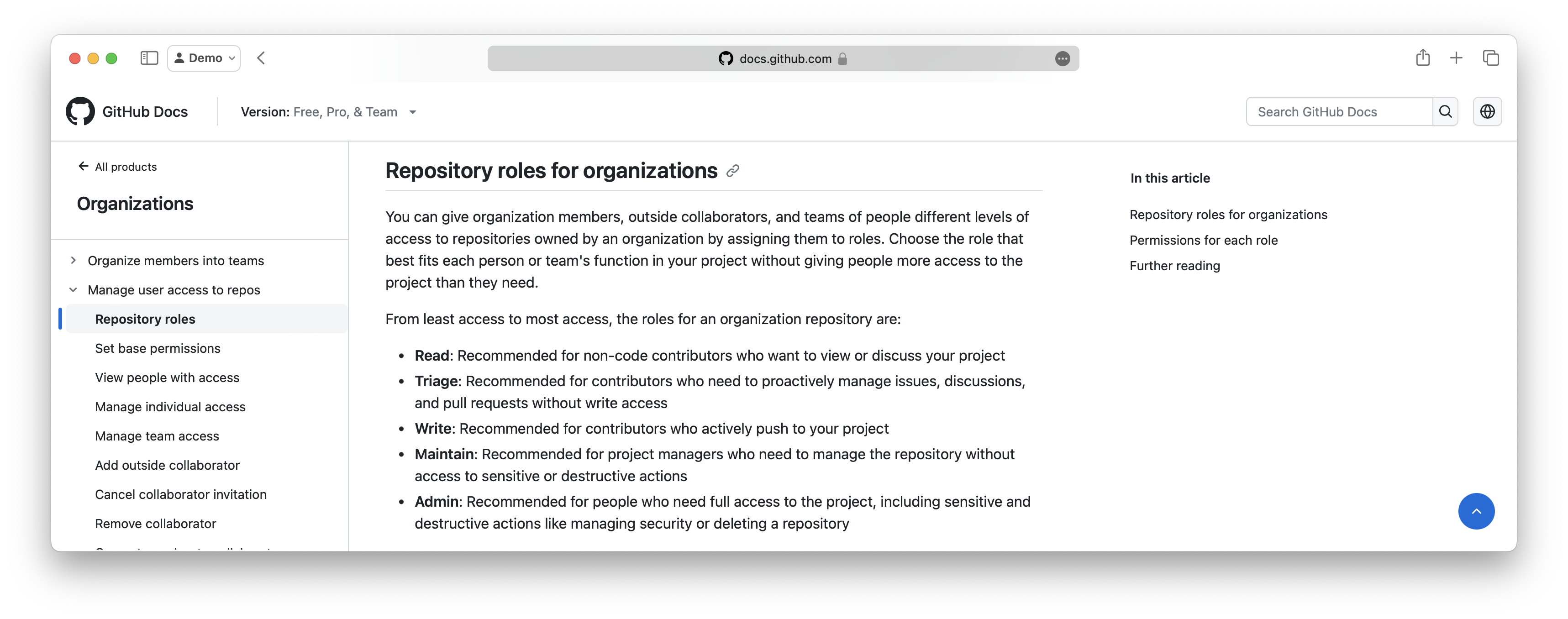 Screenshot of the GitHub Documentation showing available roles